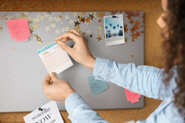 Tablero de corcho decorativo con diseño de estrellas doradas sobre fondo gris