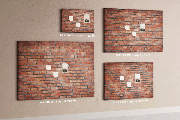 Pizarra de corcho con diseño de pared de ladrillo en tonos cálidos