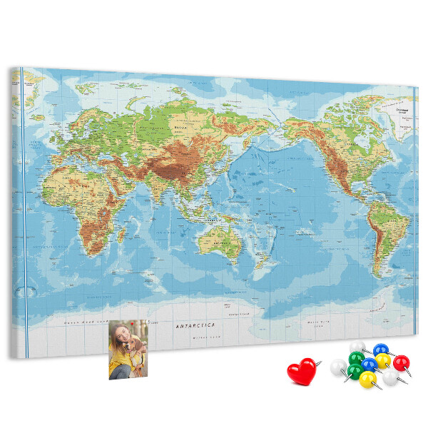 Tablero de anuncios mapa del mundo con los continentes coloreados