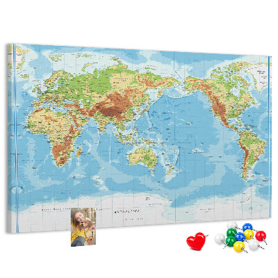 Tablero de anuncios mapa del mundo con los continentes coloreados