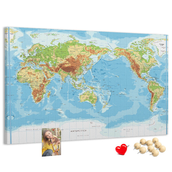 Tablero de anuncios mapa del mundo con los continentes coloreados