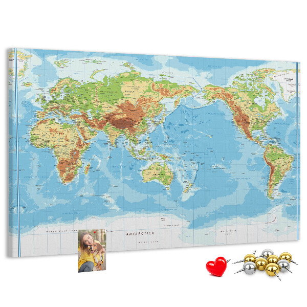 Tablero de anuncios mapa del mundo con los continentes coloreados