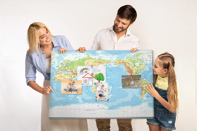 Tablero de anuncios mapa del mundo con los continentes coloreados
