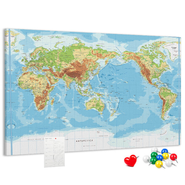 Tablero de anuncios mapa del mundo con los continentes coloreados