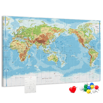 Tablero de anuncios mapa del mundo con los continentes coloreados