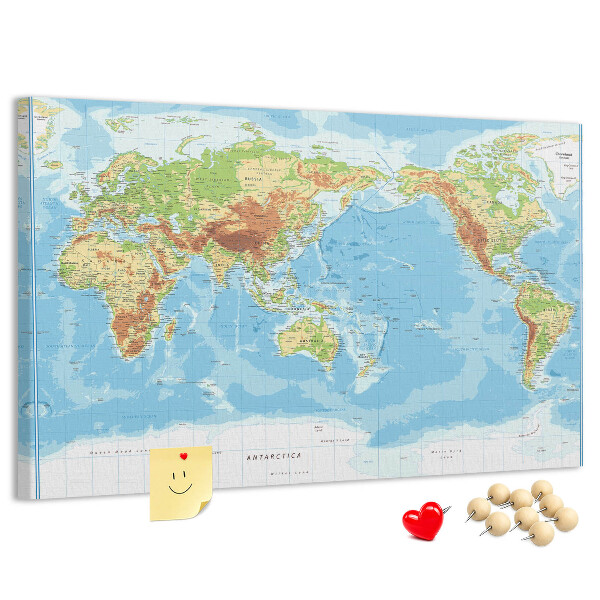 Tablero de anuncios mapa del mundo con los continentes coloreados