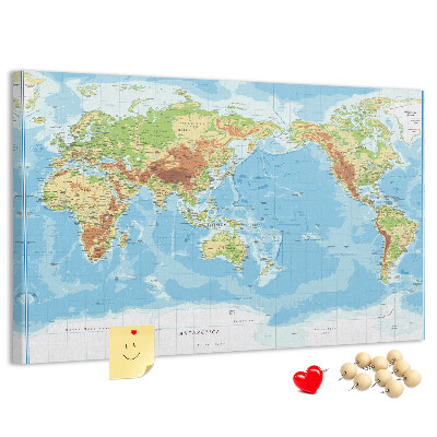 Tablero de anuncios mapa del mundo con los continentes coloreados