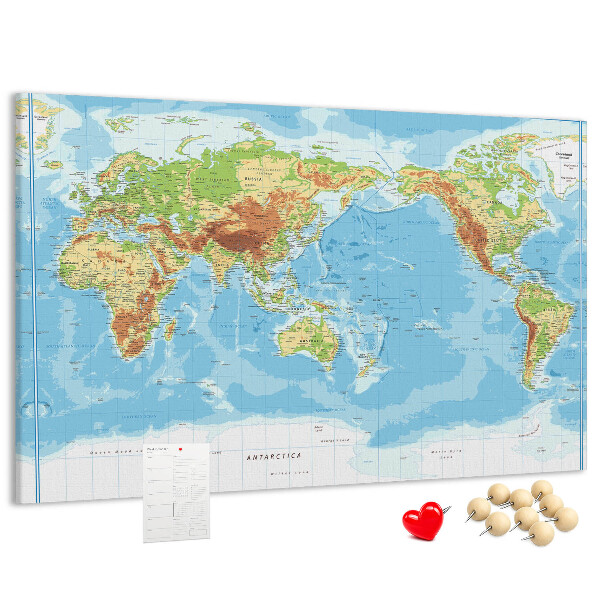 Tablero de anuncios mapa del mundo con los continentes coloreados