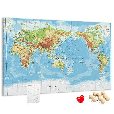 Tablero de anuncios mapa del mundo con los continentes coloreados