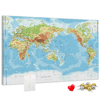 Tablero de anuncios mapa del mundo con los continentes coloreados