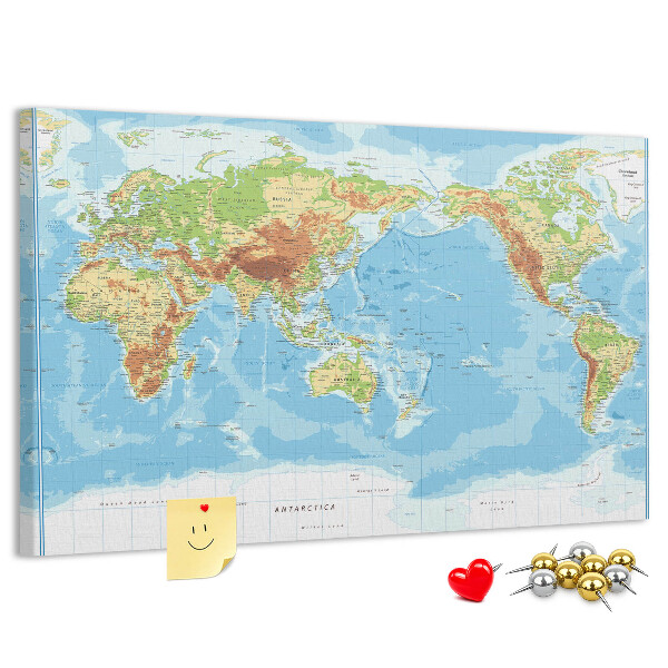Tablero de anuncios mapa del mundo con los continentes coloreados