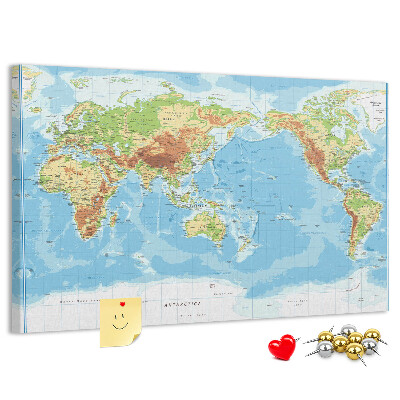 Tablero de anuncios mapa del mundo con los continentes coloreados