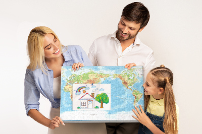 Tablero de anuncios mapa del mundo con los continentes coloreados