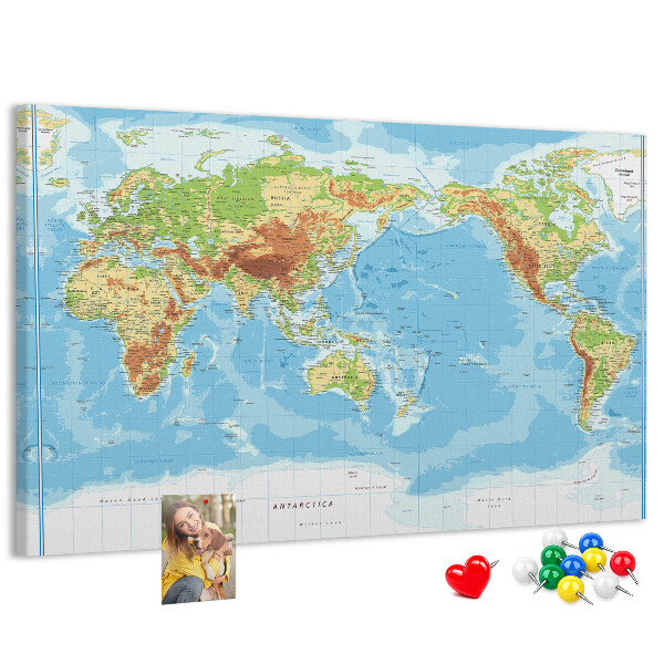 Tablero de anuncios mapa del mundo con los continentes coloreados