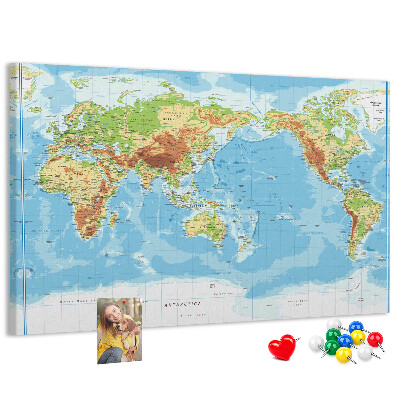 Tablero de anuncios mapa del mundo con los continentes coloreados