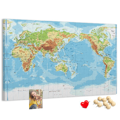 Tablero de anuncios mapa del mundo con los continentes coloreados