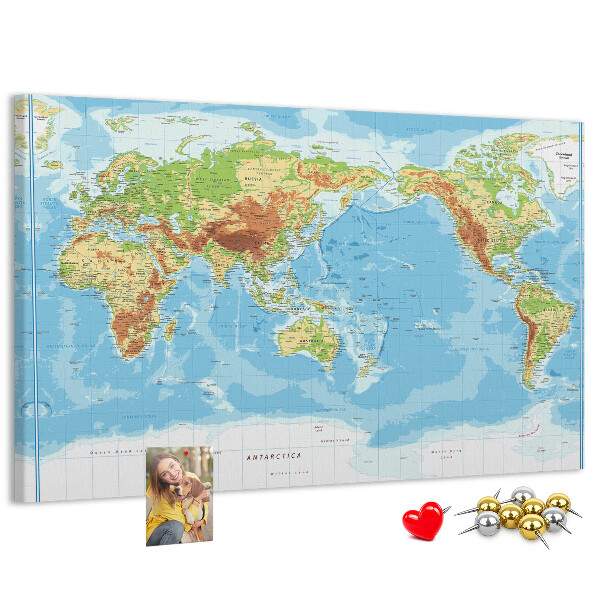 Tablero de anuncios mapa del mundo con los continentes coloreados