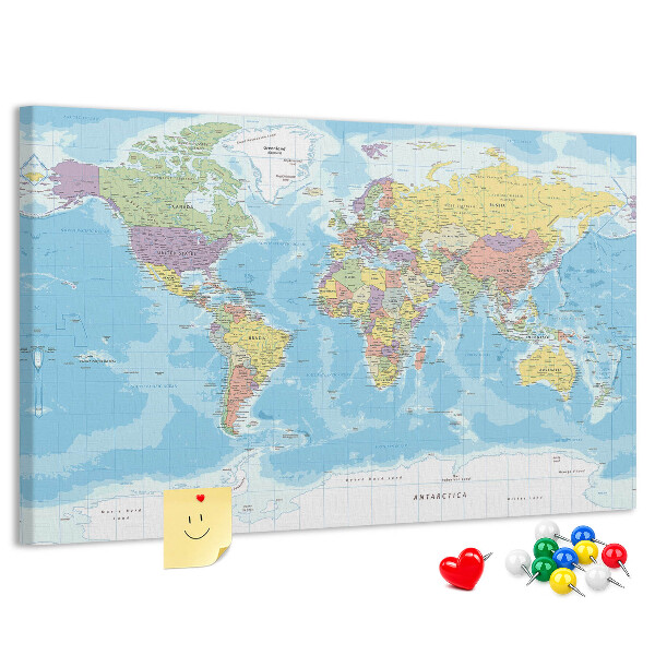 Tablero de anuncios mapa del mundo con los continentes coloreados
