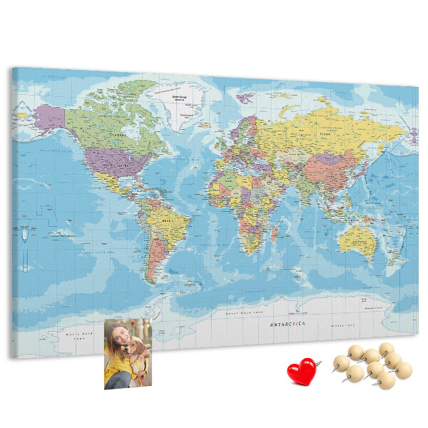 Tablero de anuncios mapa del mundo con los continentes coloreados
