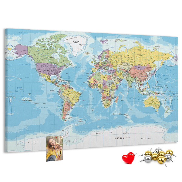 Tablero de anuncios mapa del mundo con los continentes coloreados