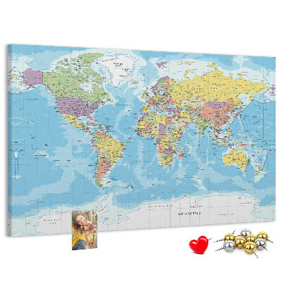 Tablero de anuncios mapa del mundo con los continentes coloreados