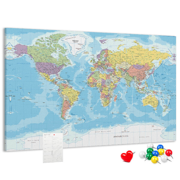 Tablero de anuncios mapa del mundo con los continentes coloreados