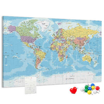 Tablero de anuncios mapa del mundo con los continentes coloreados