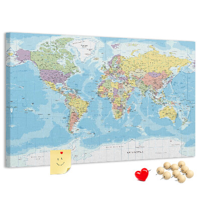 Tablero de anuncios mapa del mundo con los continentes coloreados