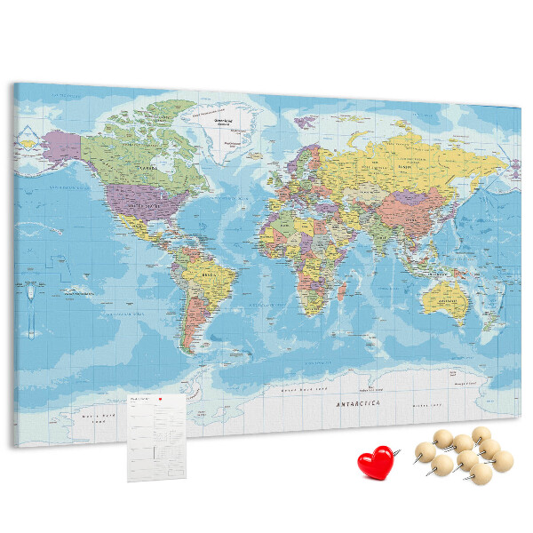 Tablero de anuncios mapa del mundo con los continentes coloreados