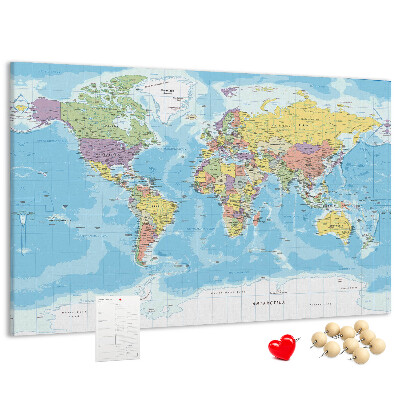Tablero de anuncios mapa del mundo con los continentes coloreados