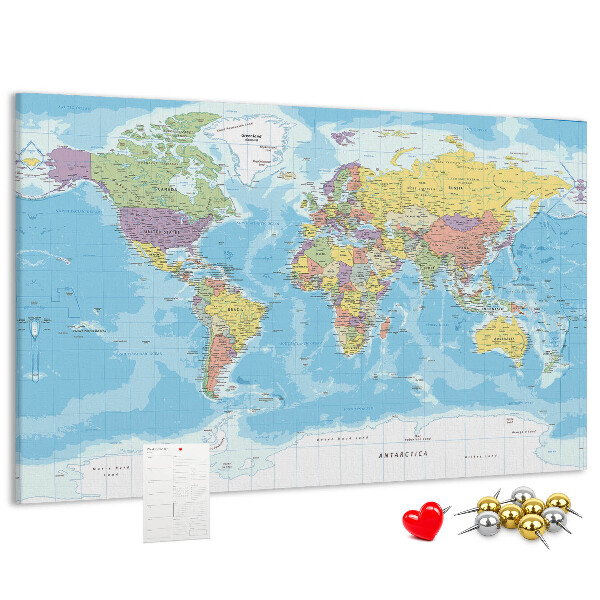 Tablero de anuncios mapa del mundo con los continentes coloreados
