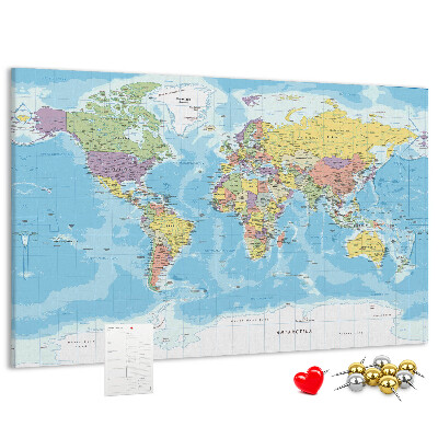 Tablero de anuncios mapa del mundo con los continentes coloreados