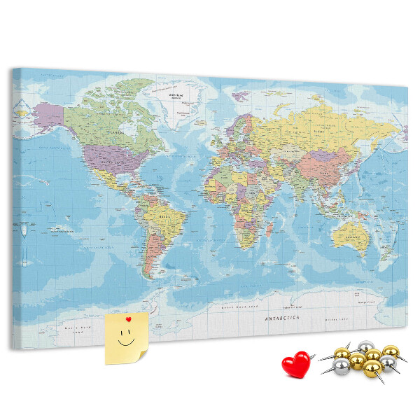 Tablero de anuncios mapa del mundo con los continentes coloreados