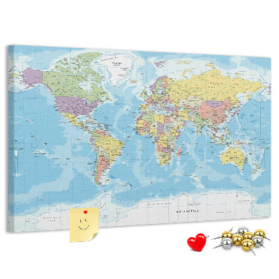 Tablero de anuncios mapa del mundo con los continentes coloreados