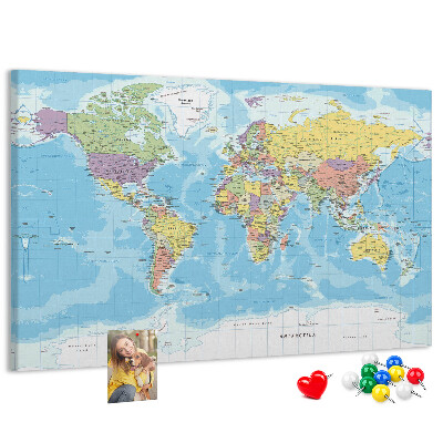Tablero de anuncios mapa del mundo con los continentes coloreados