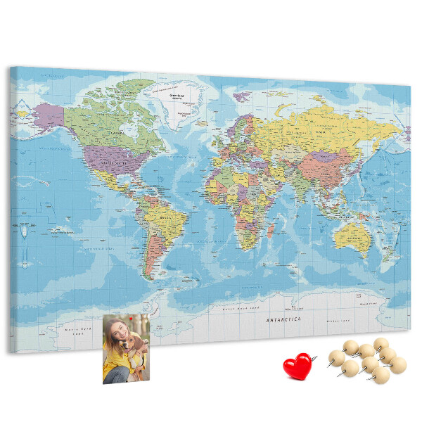 Tablero de anuncios mapa del mundo con los continentes coloreados