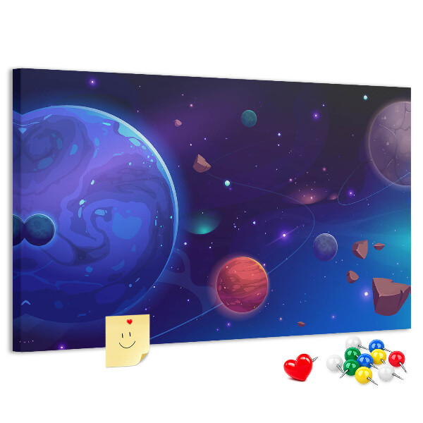 Pizarra de corcho con diseño de paisaje espacial de planetas y asteroides