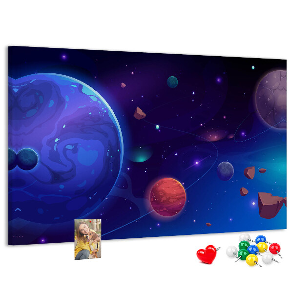 Pizarra de corcho con diseño de paisaje espacial de planetas y asteroides