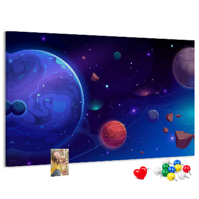 Pizarra de corcho con diseño de paisaje espacial de planetas y asteroides
