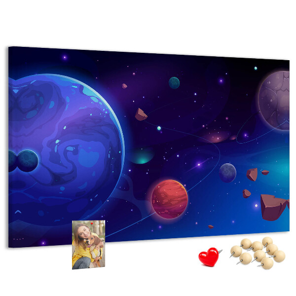Pizarra de corcho con diseño de paisaje espacial de planetas y asteroides