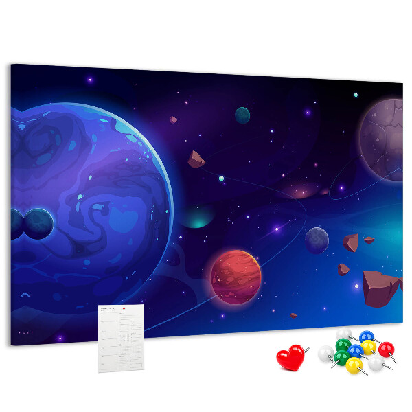 Pizarra de corcho con diseño de paisaje espacial de planetas y asteroides