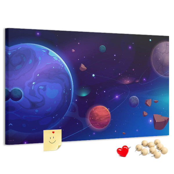 Pizarra de corcho con diseño de paisaje espacial de planetas y asteroides