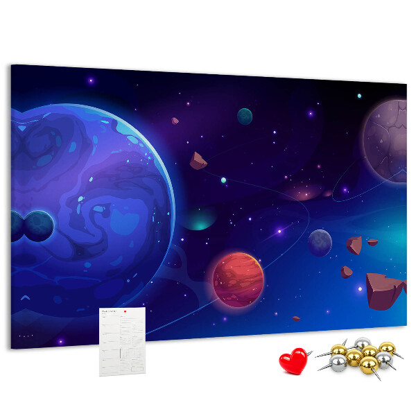 Pizarra de corcho con diseño de paisaje espacial de planetas y asteroides