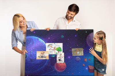 Pizarra de corcho con diseño de paisaje espacial de planetas y asteroides