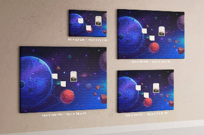 Pizarra de corcho con diseño de paisaje espacial de planetas y asteroides