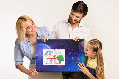 Pizarra de corcho con diseño de paisaje espacial de planetas y asteroides