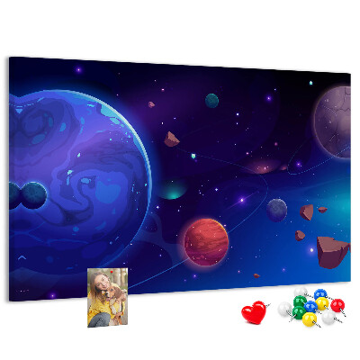 Pizarra de corcho con diseño de paisaje espacial de planetas y asteroides