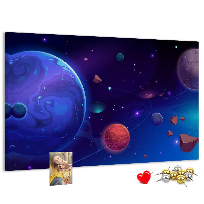Pizarra de corcho con diseño de paisaje espacial de planetas y asteroides