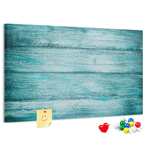 Tablero de corcho decorativo con diseño de tablones de madera en tonos verdes y azules
