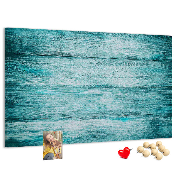 Tablero de corcho decorativo con diseño de tablones de madera en tonos verdes y azules